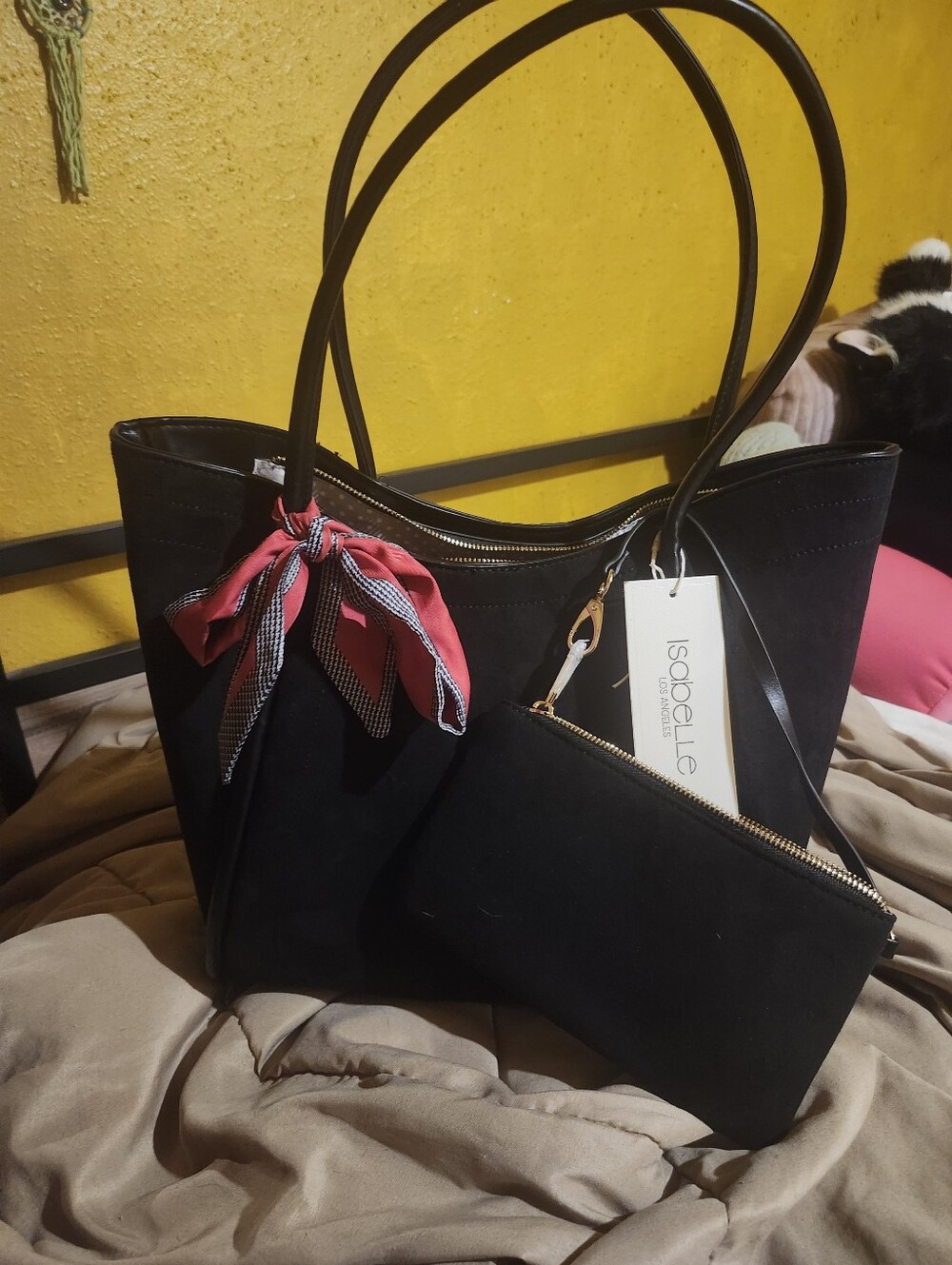 Black Tote Bag with Removable Pouch and Pink Accent Scarf